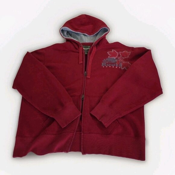 Roots Hoodie Men L Red LS 2 Way Zip Pockets Maple Leaf Beaver Embroidery Canada - Picture 8 of 15